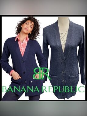 Banana Republic Navy Sheen Cotton Blend Chunky Knit Longline Cardigan (S)
